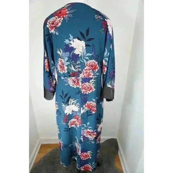 Lulus Lotus Party Teal Blue Floral Print Midi Robe Dress - Size S - Picture 10 of 16